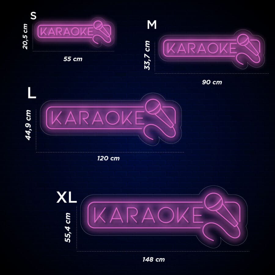 Neón Karaoke mostrando "KARAOKE" con un ícono de micrófono en cuatro tamaños diferentes: S (20,5 cm x 55 cm), M (33,7 cm x 90 cm), L (44,9 cm x 120 cm) y XL (55,4 cm x 148 cm). ), sobre un fondo oscuro: perfecto para tu próxima noche de fiesta o para tomarte una selfie con