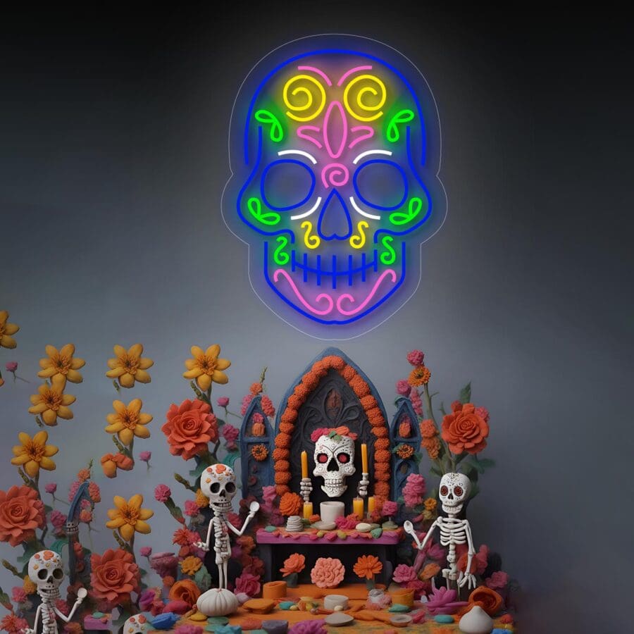 Obra de arte de calavera de neón colorida sobre un altar festivo con figuras de esqueletos rodeados de flores y decoraciones de color naranja vibrante.