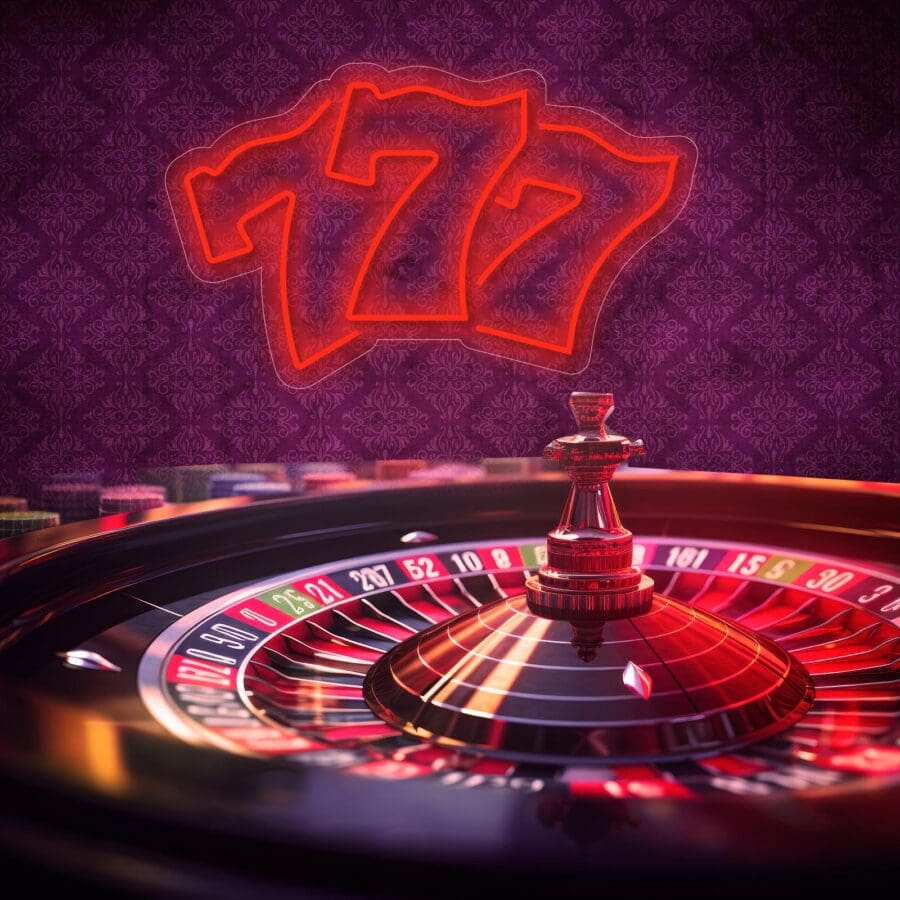 Una ruleta girando en un casino con un cartel rojo brillante "777" en el fondo.