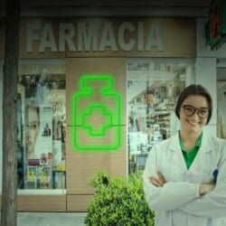 Un farmacéutico con bata blanca se encuentra frente a una farmacia con un gran letrero de neón verde con forma de frasco de medicamento con una cruz encima.