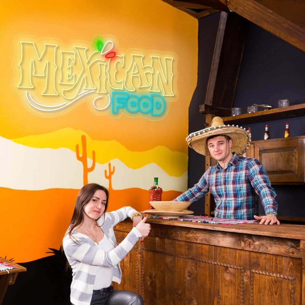 Dos personas están de pie junto a un mostrador de madera bajo un letrero de neón que dice "comida mexicana". Una lleva una camisa a cuadros y un sombrero, y la otra señala varios artículos que hay en el mostrador.