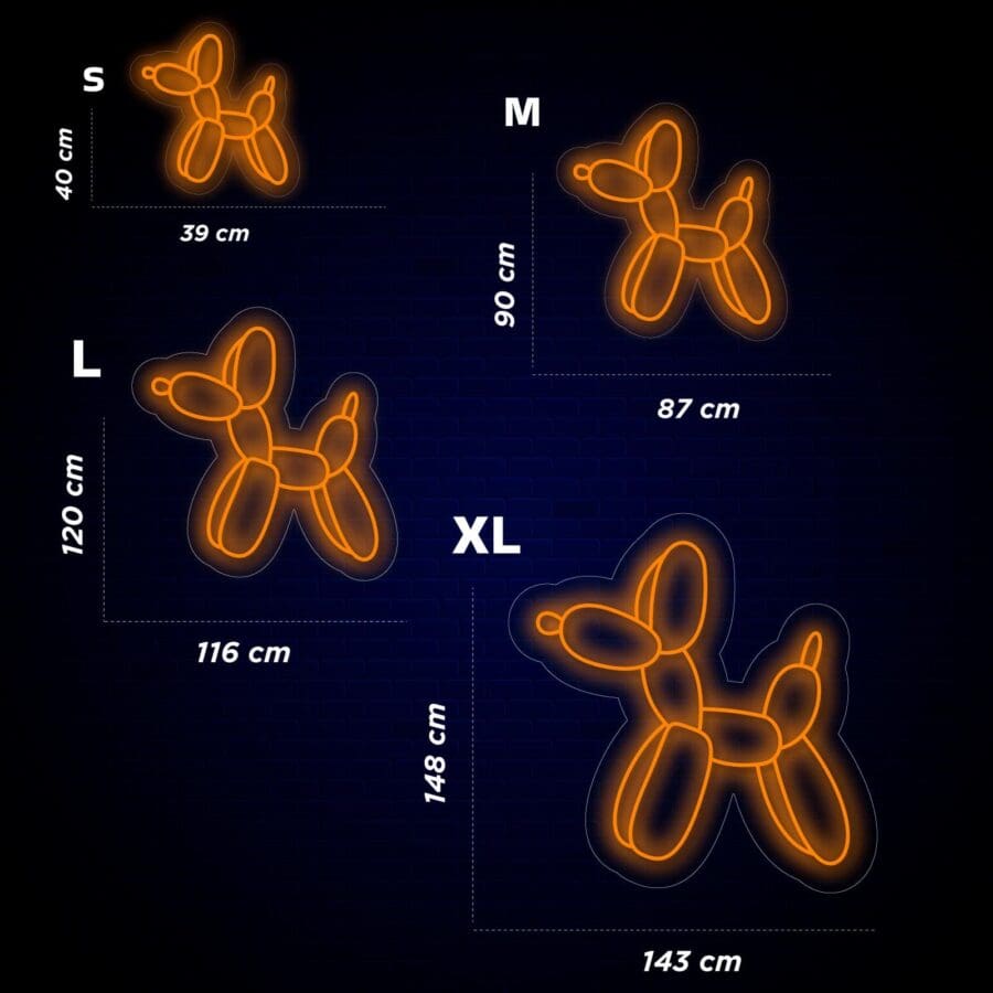 Tabla de tallas para figuras de animales con globos en cuatro tamaños (S, M, L, XL) con sus medidas correspondientes: S (40 cm x 39 cm), M (90 cm x 87 cm), L (120 cm x 116 cm), XL (148 cm x 143 cm).