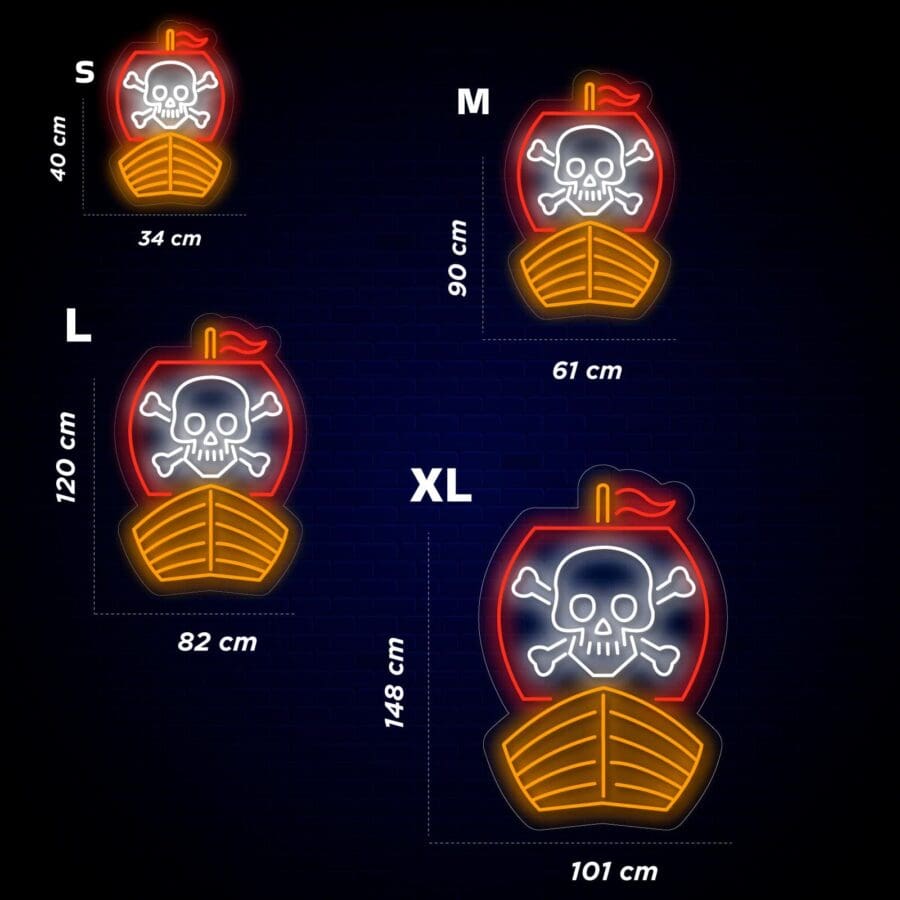 Infografía que muestra cuatro carteles de neón con forma de barco pirata en diferentes tamaños (S, M, L, XL) con las siguientes medidas: S (40x34 cm), M (90x61 cm), L (120x82 cm), XL (148x101 cm). Cada cartel tiene una calavera y dos huesos cruzados.