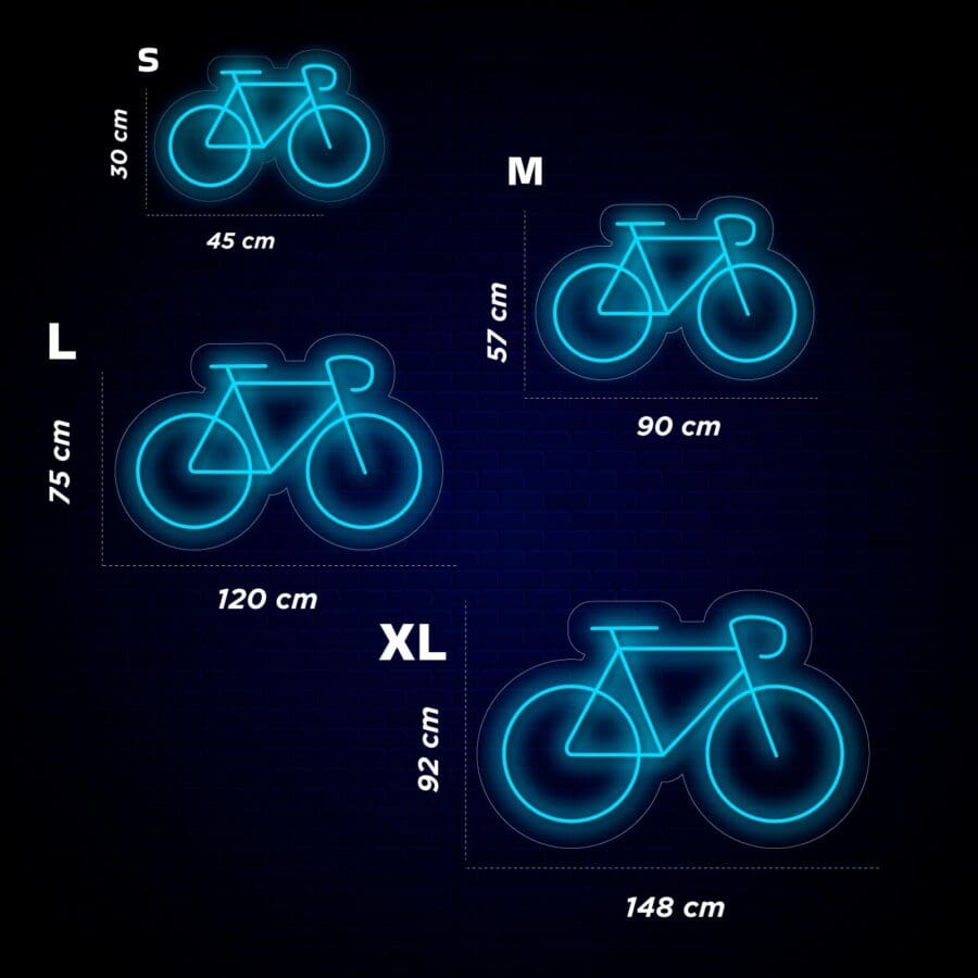 Un gráfico que muestra cuatro íconos de bicicletas brillantes de diferentes tamaños: S (30 cm por 45 cm), M (57 cm por 90 cm), L (75 cm por 120 cm) y XL (92 cm por 148 cm).