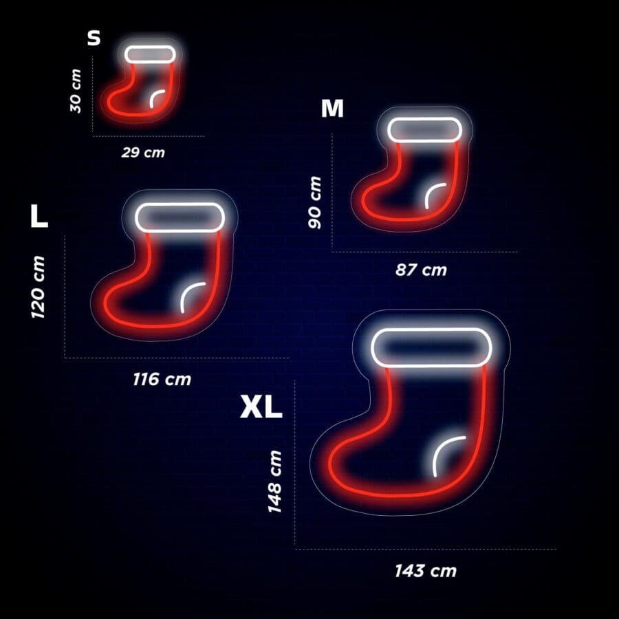 Imagen que muestra cuatro medias navideñas de neón de diferentes tamaños, etiquetadas como S, M, L y XL. Las dimensiones son: S (30 x 29 cm), M (90 x 87 cm), L (120 x 116 cm) y XL (148 x 143 cm).