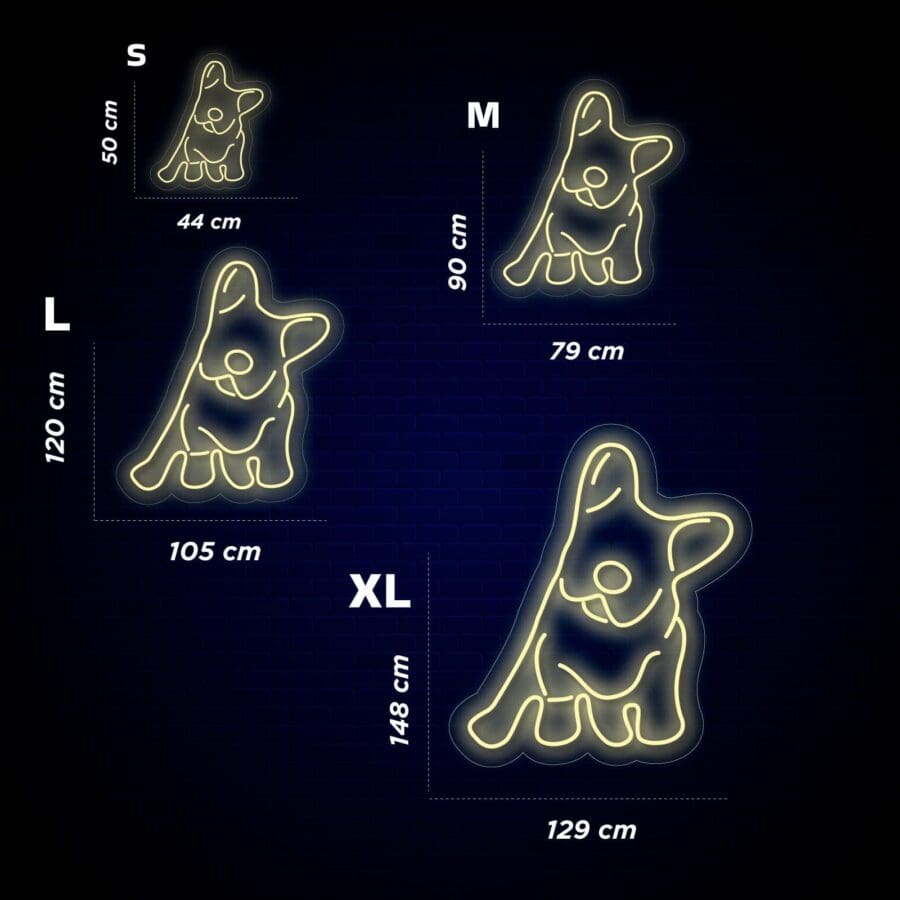 Cuatro letreros de neón con siluetas de perros en diferentes tamaños (S, M, L, XL) sobre un fondo oscuro, cada uno con sus correspondientes medidas de alto y ancho.