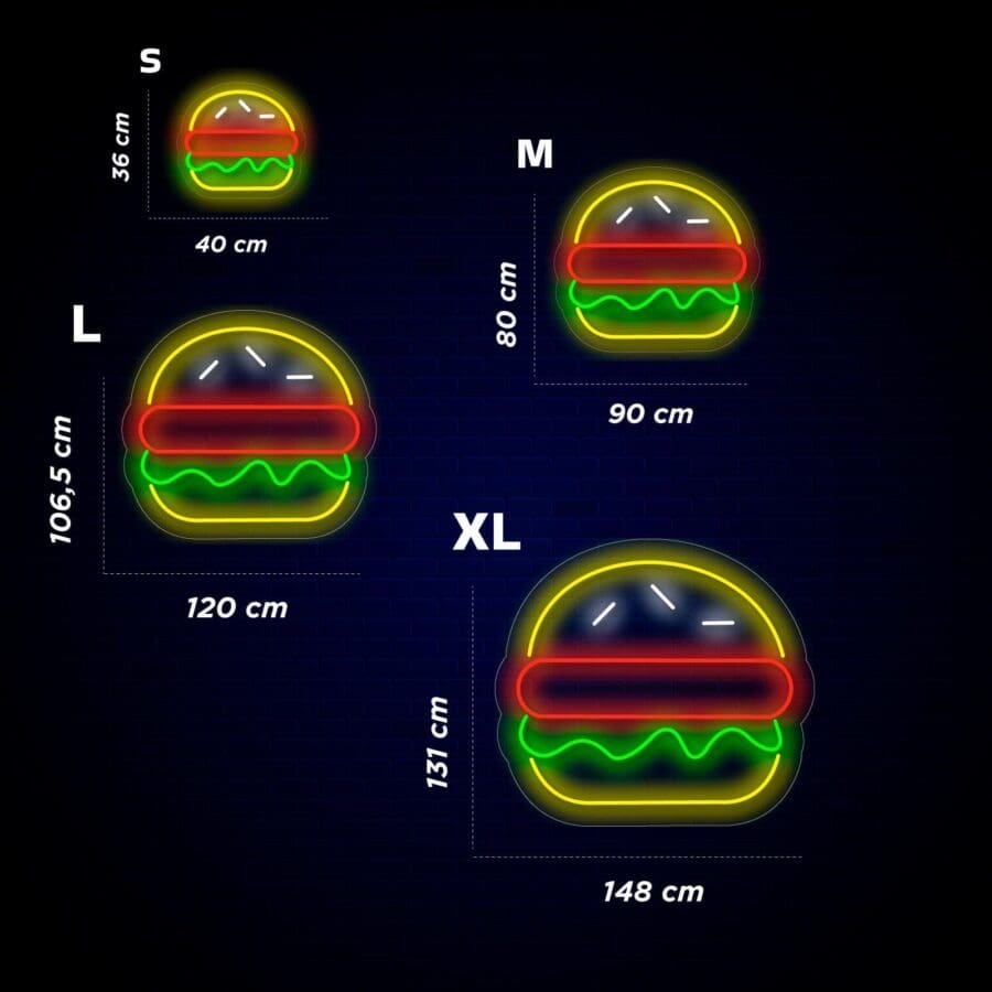 Cuatro carteles de neón de hamburguesas en diferentes tamaños etiquetados como S, M, L y XL, con sus respectivas dimensiones (en cm) indicadas al lado de cada cartel.