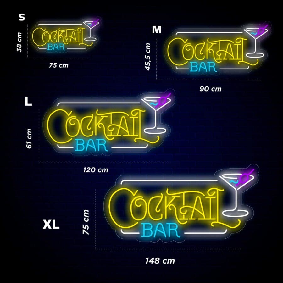 Una imagen que muestra cuatro carteles de neón con la etiqueta “Cocktail Bar”, en tamaños pequeño (38 cm x 75 cm), mediano (45,5 cm x 90 cm), grande (61 cm x 120 cm) y extra grande (75 cm x 148 cm).