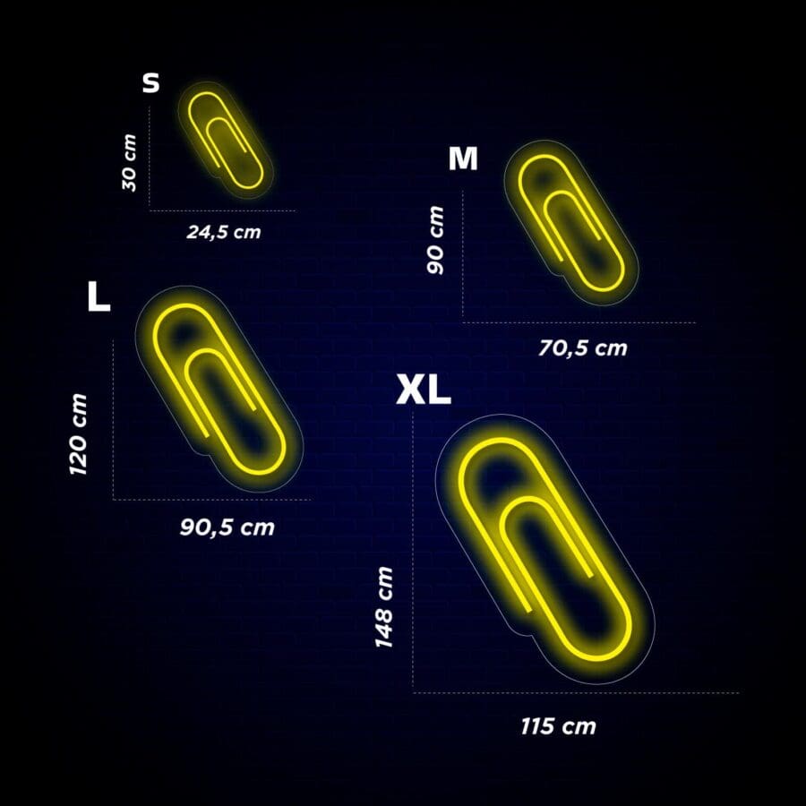 Un diagrama que muestra cuatro clips de papel de diferentes tamaños etiquetados como S, M, L y XL con sus respectivas dimensiones en centímetros: S (24,5 cm, 30 cm), M (70,5 cm, 90 cm), L (90,5 cm, 120 cm) y XL (115 cm, 148 cm).