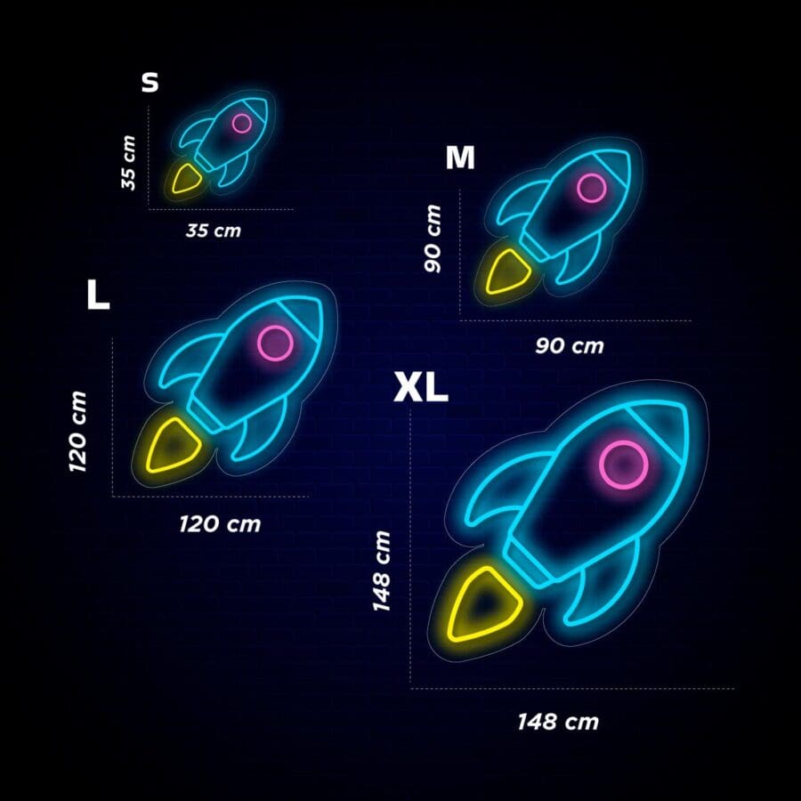 Ilustración de carteles de cohetes de neón en cuatro tamaños diferentes: S (35 cm), M (90 cm), L (120 cm) y XL (148 cm), mostrados sobre un fondo oscuro.