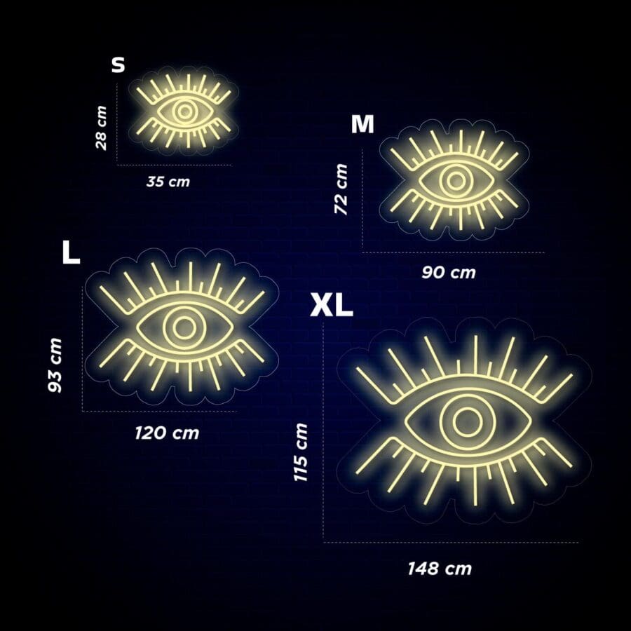 La imagen muestra cuatro carteles de neón de diferentes tamaños etiquetados como S, M, L y XL con las dimensiones correspondientes.