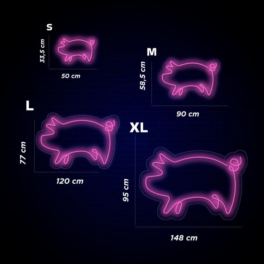 Diagrama que muestra letreros de neón con forma de cerdo en cuatro tamaños: Pequeño (S) de 50 cm, Mediano (M) de 90 cm, Grande (L) de 120 cm, Extra Grande (XL) de 148 cm, cada uno con dimensiones de altura.