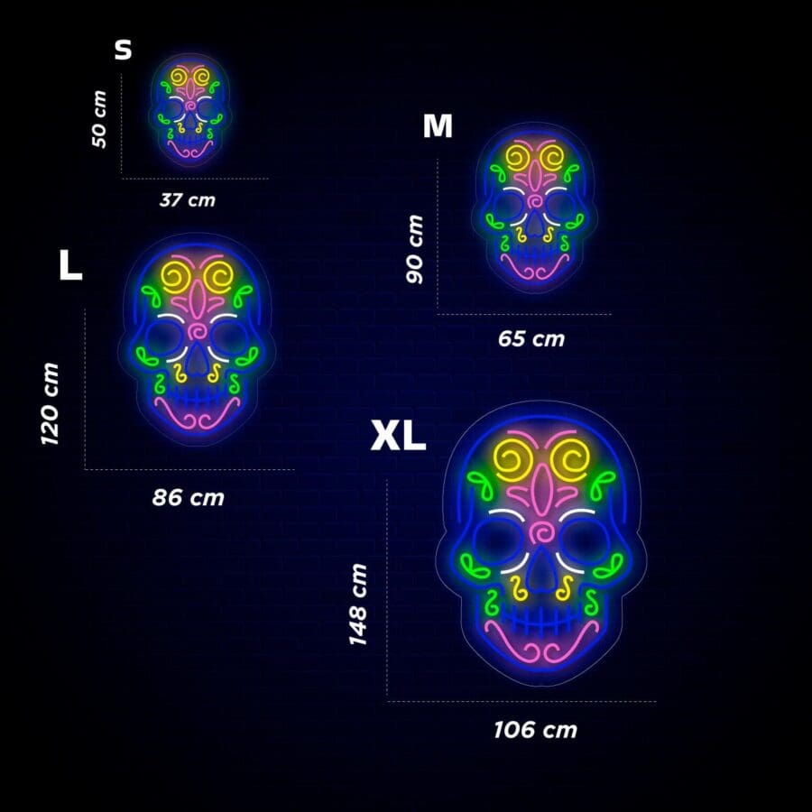 Calaveras de azúcar de neón en cuatro tamaños (S, M, L, XL) con las dimensiones indicadas para cada tamaño. Los diseños de las calaveras son coloridos y tienen patrones intrincados.