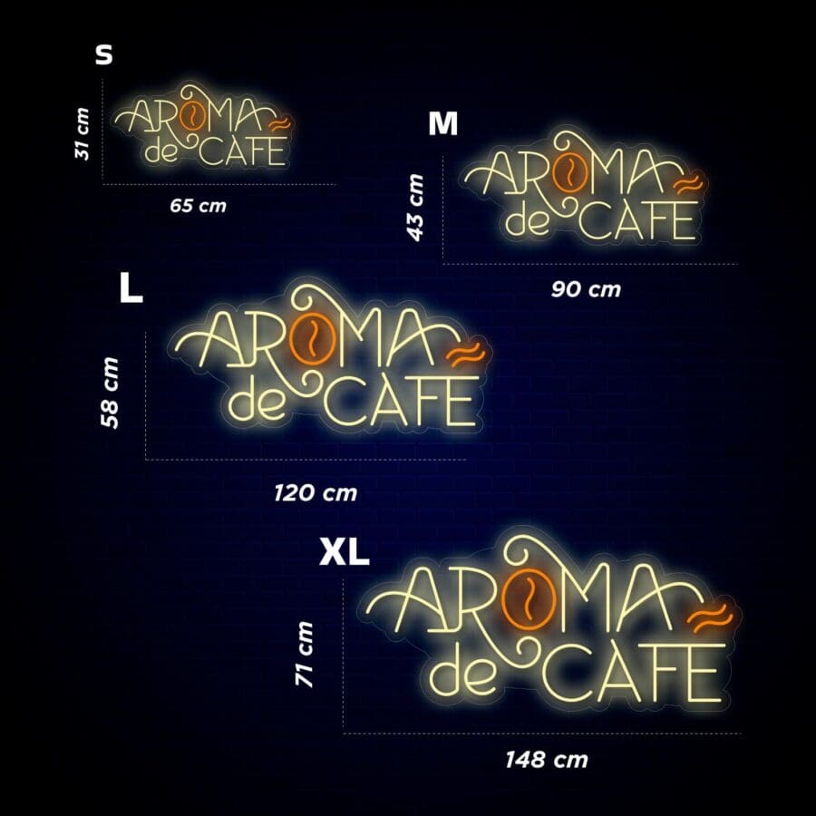 Imagen que muestra cuatro letreros de neón de distintos tamaños etiquetados como S, M, L y XL. Cada letrero muestra el texto "Aroma de Café". Las dimensiones se proporcionan en centímetros para cada tamaño.