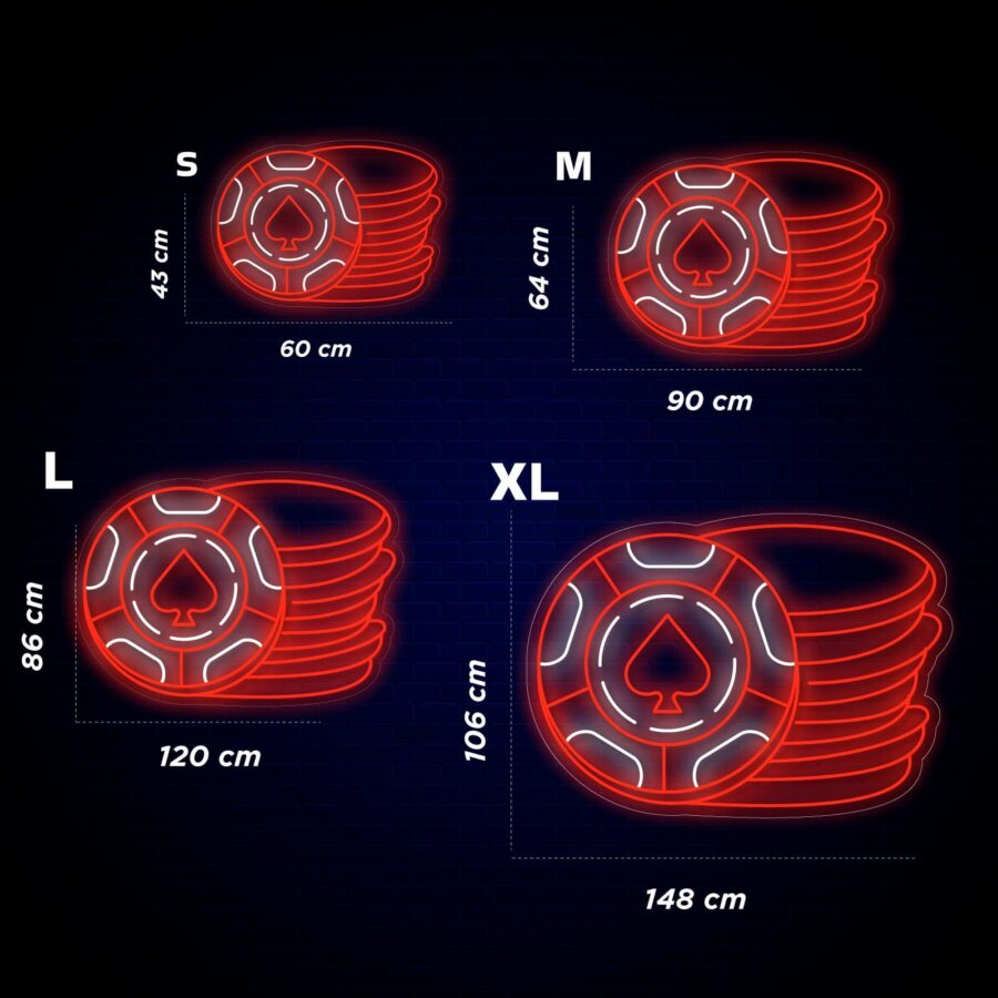 Pilas de fichas de juego de neón rojo con símbolos de espadas en varios tamaños: S (43 cm x 60 cm), M (64 cm x 90 cm), L (86 cm x 120 cm) y XL (106 cm x 148 cm) sobre fondo oscuro.