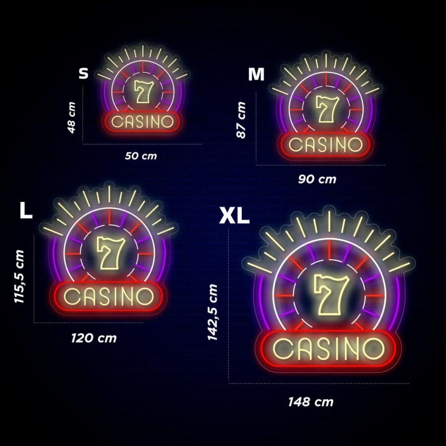 Ilustración que muestra letreros de neón de casino en cuatro tamaños (S, M, L, XL) con dimensiones en centímetros: S (48x50), M (87x90), L (115,5x120) y XL (142,5x148).