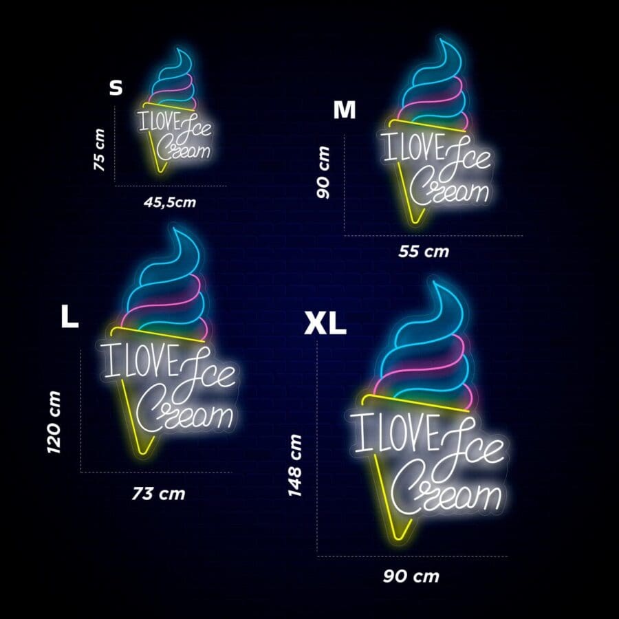 Cuatro carteles de helado de colores neón con el texto "I Love Ice Cream" en tamaños S (75 cm), M (90 cm), L (120 cm) y XL (148 cm) sobre un fondo oscuro.