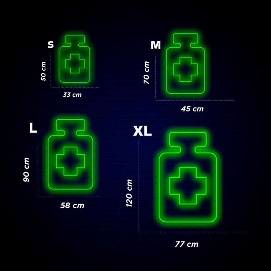 Íconos de botellas médicas de color verde neón de diferentes tamaños con dimensiones etiquetadas: S (50 cm por 33 cm), M (70 cm por 45 cm), L (90 cm por 58 cm), XL (120 cm por 77 cm) sobre un fondo oscuro.