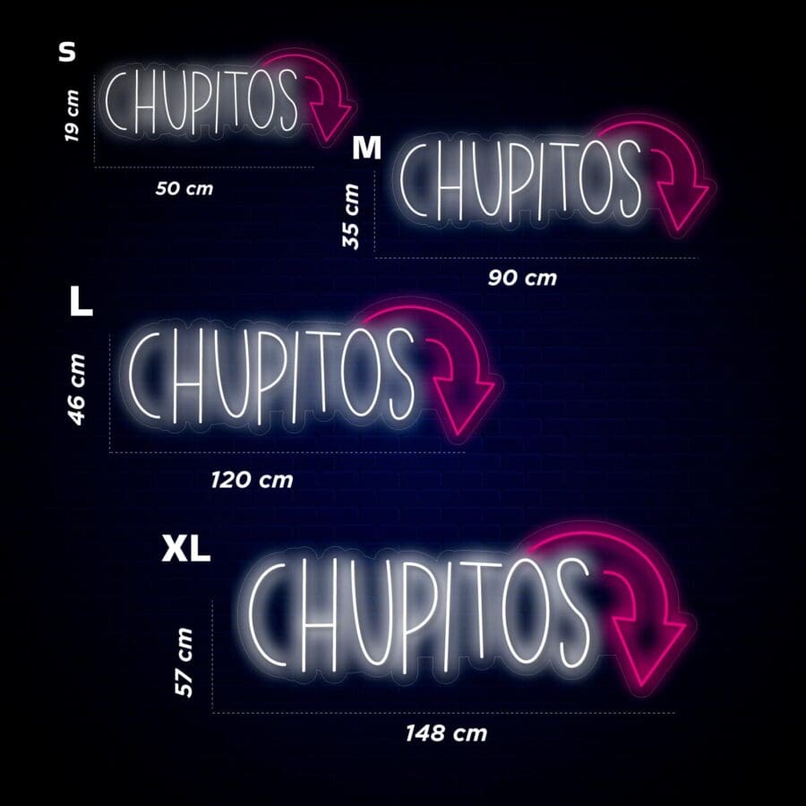 Imagen que muestra varios letreros de neón de "CHUPITOS" con flechas hacia abajo, en cuatro tamaños: Pequeño (19 cm x 50 cm), Mediano (35 cm x 90 cm), Grande (46 cm x 120 cm) y Extra Grande (57 cm x 148 cm).