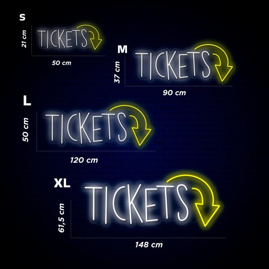 Letreros de neón que muestran la palabra "TICKETS" con una flecha hacia abajo en tamaños S, M, L y XL, con dimensiones en centímetros.