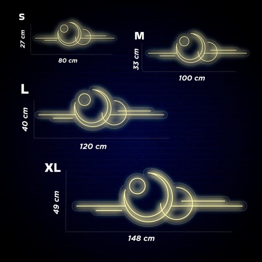 Diagrama que muestra los tamaños (S, M, L, XL) de un diseño de letrero de neón con dimensiones: S (27 cm x 80 cm), M (33 cm x 100 cm), L (40 cm x 120 cm), XL (49 cm x 148 cm). El diseño presenta círculos y líneas superpuestos.