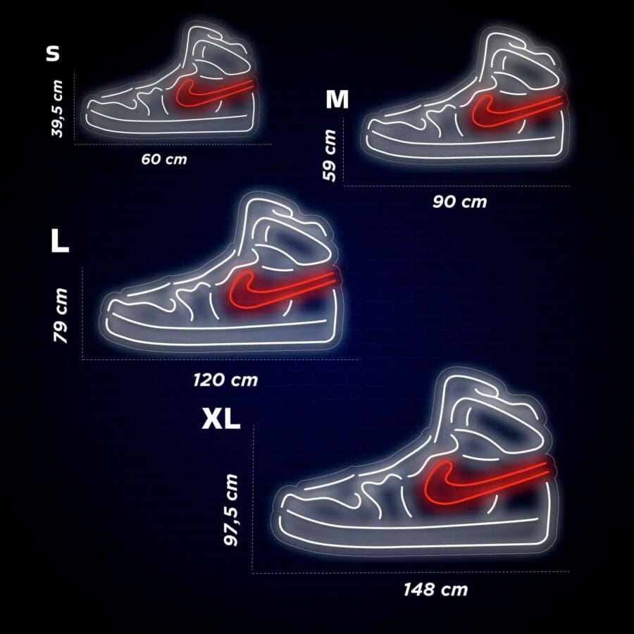 Contornos de neón de zapatillas en diferentes tamaños (S, M, L, XL), con las dimensiones correspondientes: S (39,5 cm, 60 cm), M (59 cm, 90 cm), L (79 cm, 120 cm), XL (97,5 cm, 148 cm).