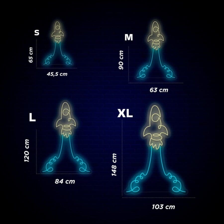 Ilustración de cuatro diagramas de cohetes etiquetados como S, M, L, XL. Las medidas son: S - 65 cm por 45,5 cm, M - 90 cm por 63 cm, L - 120 cm por 84 cm, XL - 148 cm por 103 cm.