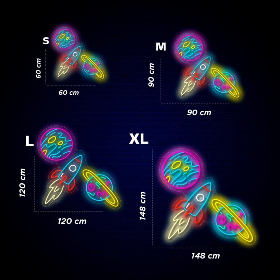 Diseños con temática espacial de neón en varios tamaños: pequeño (60 x 60 cm), mediano (90 x 90 cm), grande (120 x 120 cm) y extra grande (148 x 148 cm), con un cohete, un planeta y anillos.