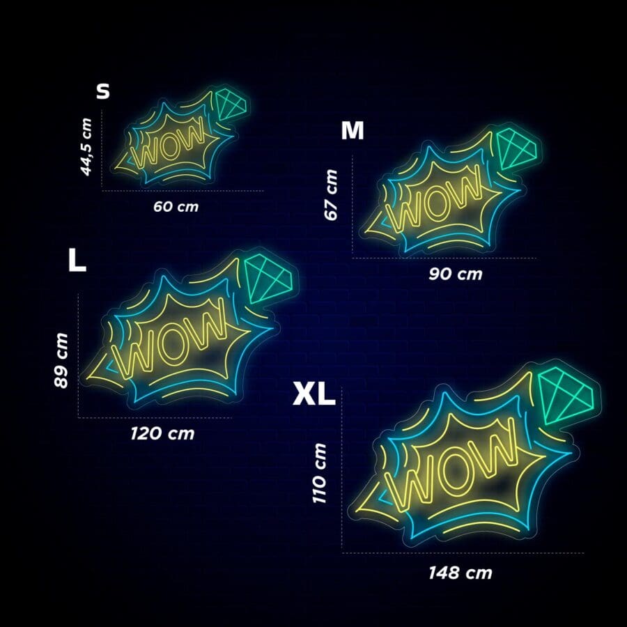 Se muestran cuatro carteles de neón con la palabra "WOW" en varios tamaños (S, M, L, XL) con las dimensiones indicadas sobre un fondo negro. Cada cartel tiene forma de diamante verde y letras amarillas delineadas en azul.