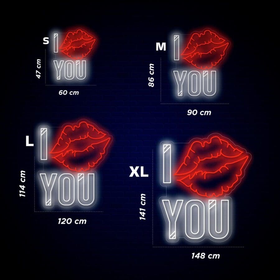 Cuatro tamaños de letreros de neón con diseño de labios rojos y el texto "I ❤️ YOU" en diferentes dimensiones: S (47x60 cm), M (86x90 cm), L (114x120 cm), XL (141x148 cm), sobre un fondo oscuro.