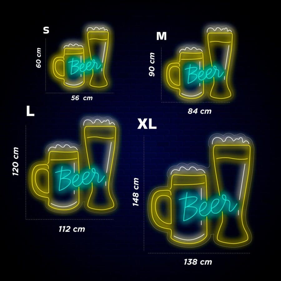 Cuatro carteles de neón de distintos tamaños (S, M, L, XL) muestran la palabra "Beer" (Cerveza) junto a una jarra de cerveza y un vaso alto de cerveza sobre un fondo oscuro. Las medidas en centímetros se muestran junto a cada cartel.