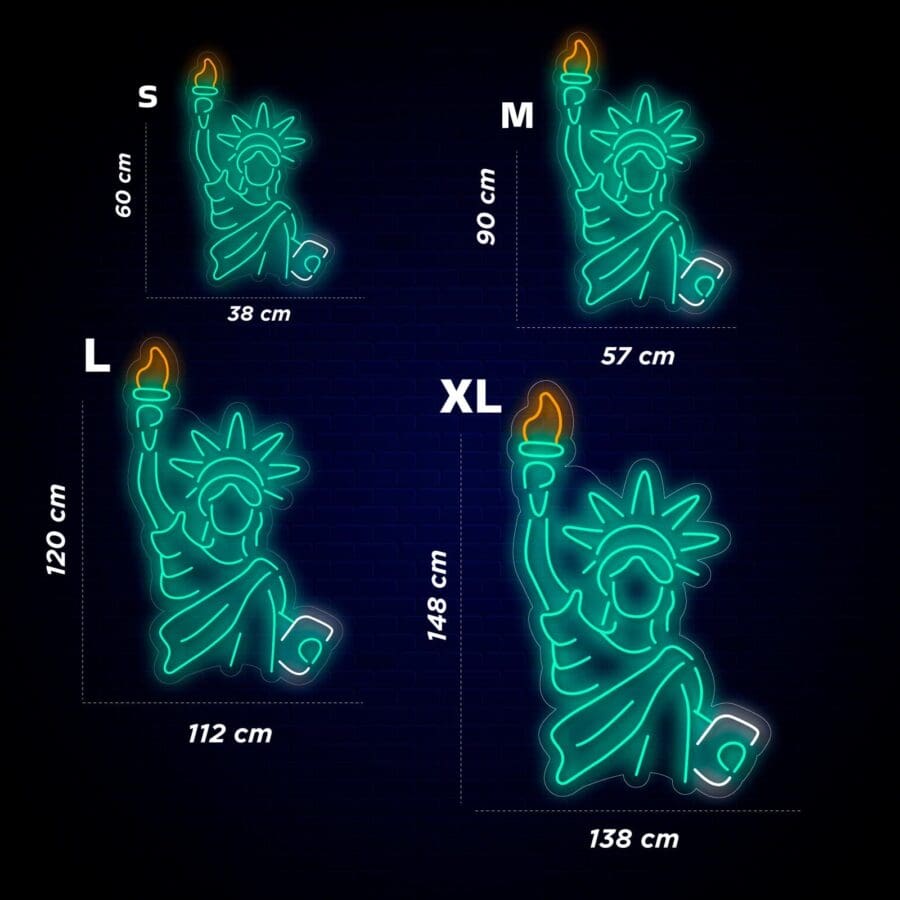 Imagen que muestra cuatro señales de luz de neón de la Estatua de la Libertad en diferentes tamaños: S (60 cm x 38 cm), M (90 cm x 57 cm), L (120 cm x 112 cm) y XL (148 cm x 138 cm).