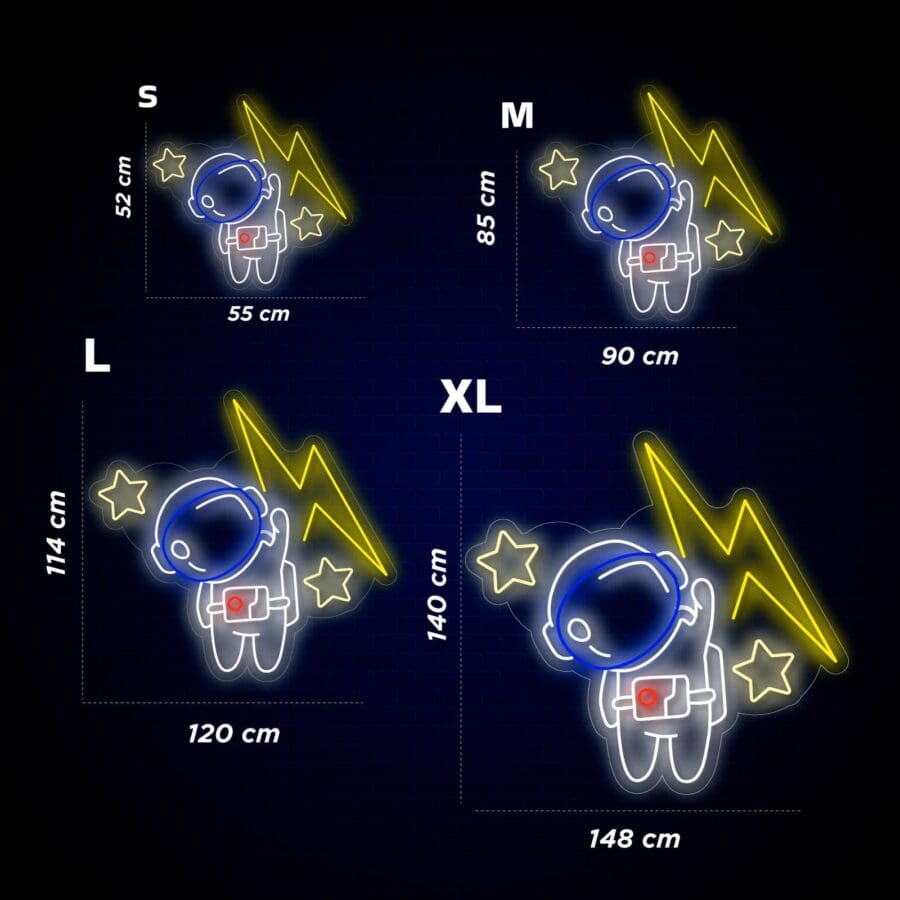 Cuatro figuras de astronautas de neón, cada una delante de un rayo y estrellas, miden 52x55 cm (S), 85x90 cm (M), 114x120 cm (L) y 140x148 cm (XL).