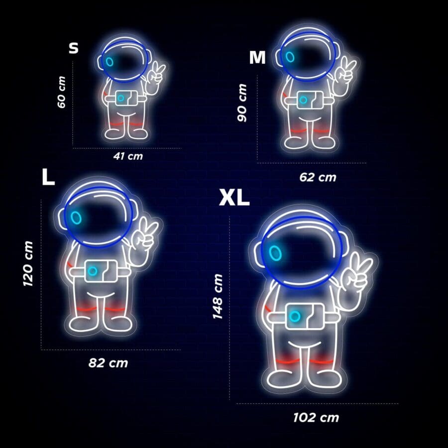 Ilustración de cuatro figuras de astronautas etiquetadas como S, M, L y XL, cada una con diferentes dimensiones: S (60 cm de alto, 41 cm de ancho), M (90 cm de alto, 62 cm de ancho), L (120 cm de alto, 82 cm de ancho) y XL (148 cm de alto, 102 cm de ancho).