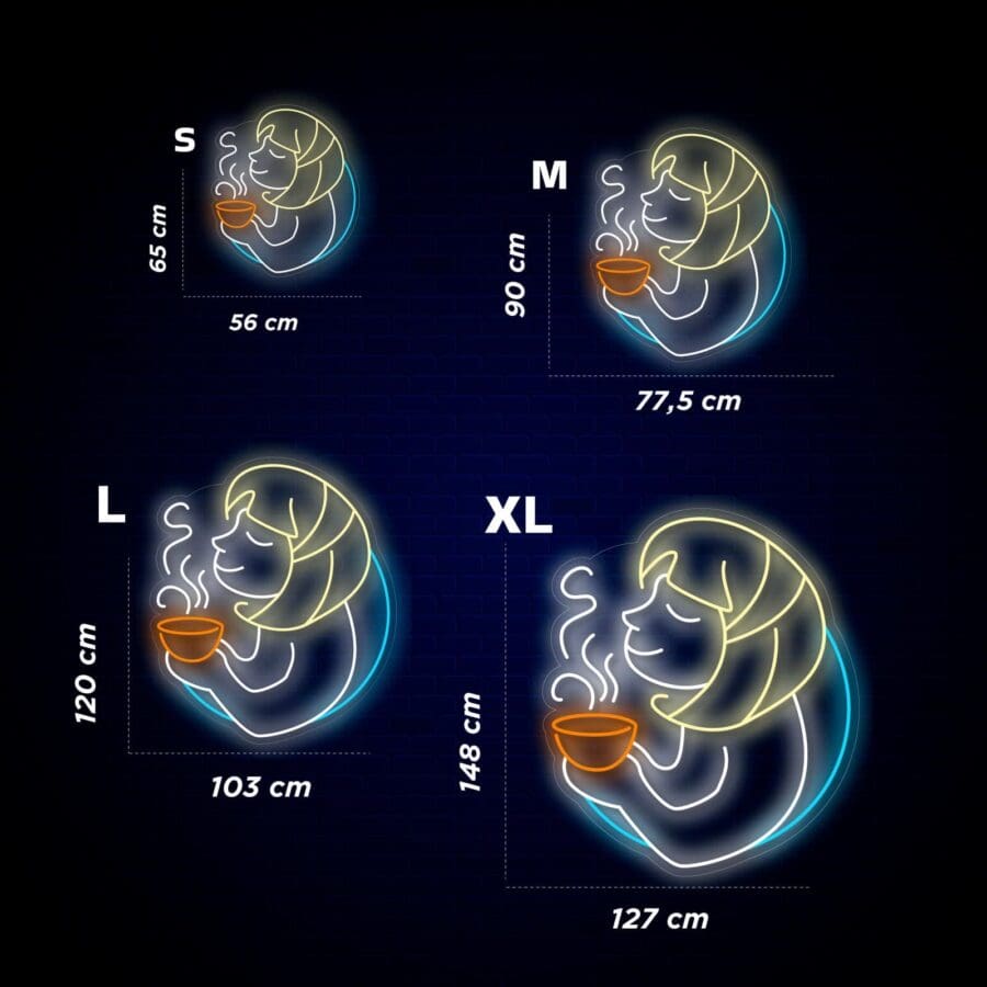 Logotipo de letrero de neón con una persona sosteniendo un recipiente humeante, que se muestra en cuatro tamaños: S (56 x 65 cm), M (77,5 x 90 cm), L (103 x 120 cm) y XL (127 x 148 cm).