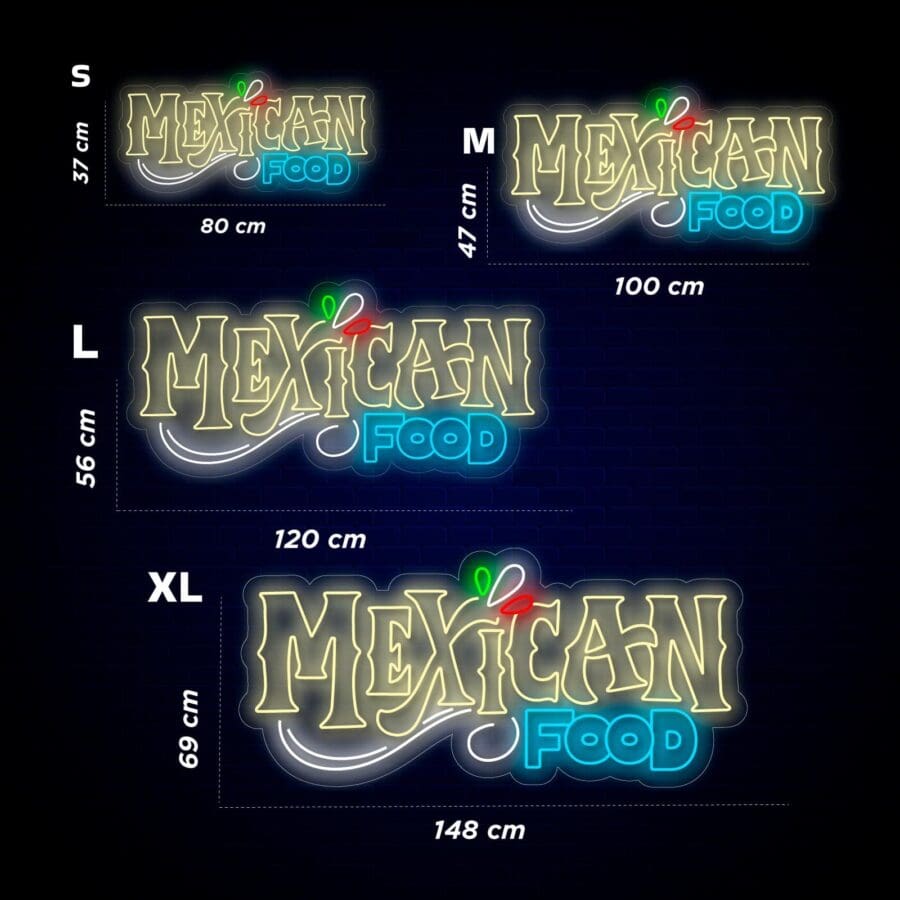 Cuatro carteles de neón que muestran "comida mexicana" en varios tamaños (S, M, L, XL) con las dimensiones etiquetadas. Todos los carteles tienen la palabra "comida mexicana" en amarillo y la palabra "comida" en azul, con un gráfico de un pimiento rojo.