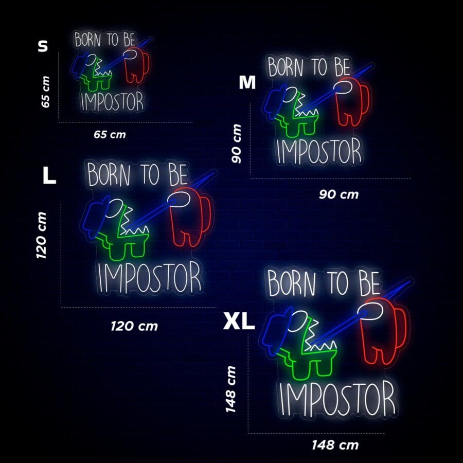 Cuatro carteles de neón con el texto "Born to be Impostor" y un personaje estilizado que sostiene un cuchillo. Se muestran tallas desde la S hasta la XL.