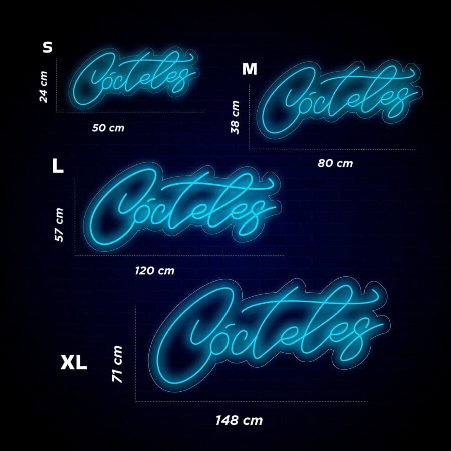 Imagen que muestra letreros de neón azul que dicen "Cócteles" en cuatro tamaños diferentes: Pequeño (24x50 cm), Mediano (38x80 cm), Grande (57x120 cm) y Extra Grande (71x148 cm) sobre un fondo oscuro.