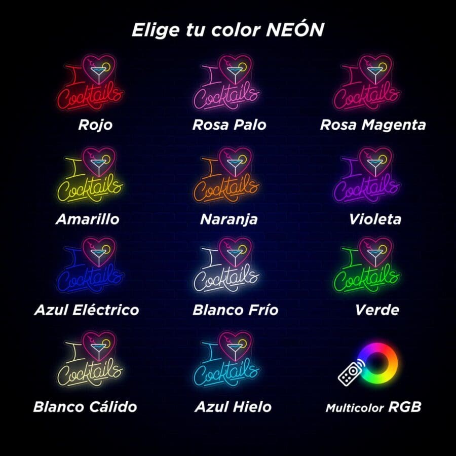 Imagen que muestra las opciones de letreros de neón para "Cócteles" en 14 colores: Rojo, Rosa Palo, Rosa Magenta, Amarillo, Naranja, Violeta, Azul Eléctrico, Blanco Frío, Verde, Blanco Cálido, Azul Hielo y Multicolor RGB.