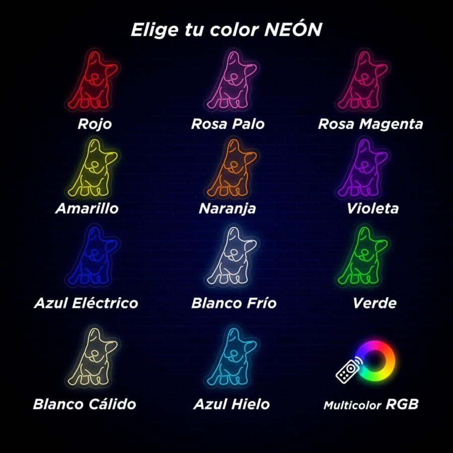 Una selección de doce opciones de colores neón para un letrero iluminado, incluidos colores como rojo, magenta, amarillo, azul y más, con una opción RGB multicolor adicional. Texto en español.