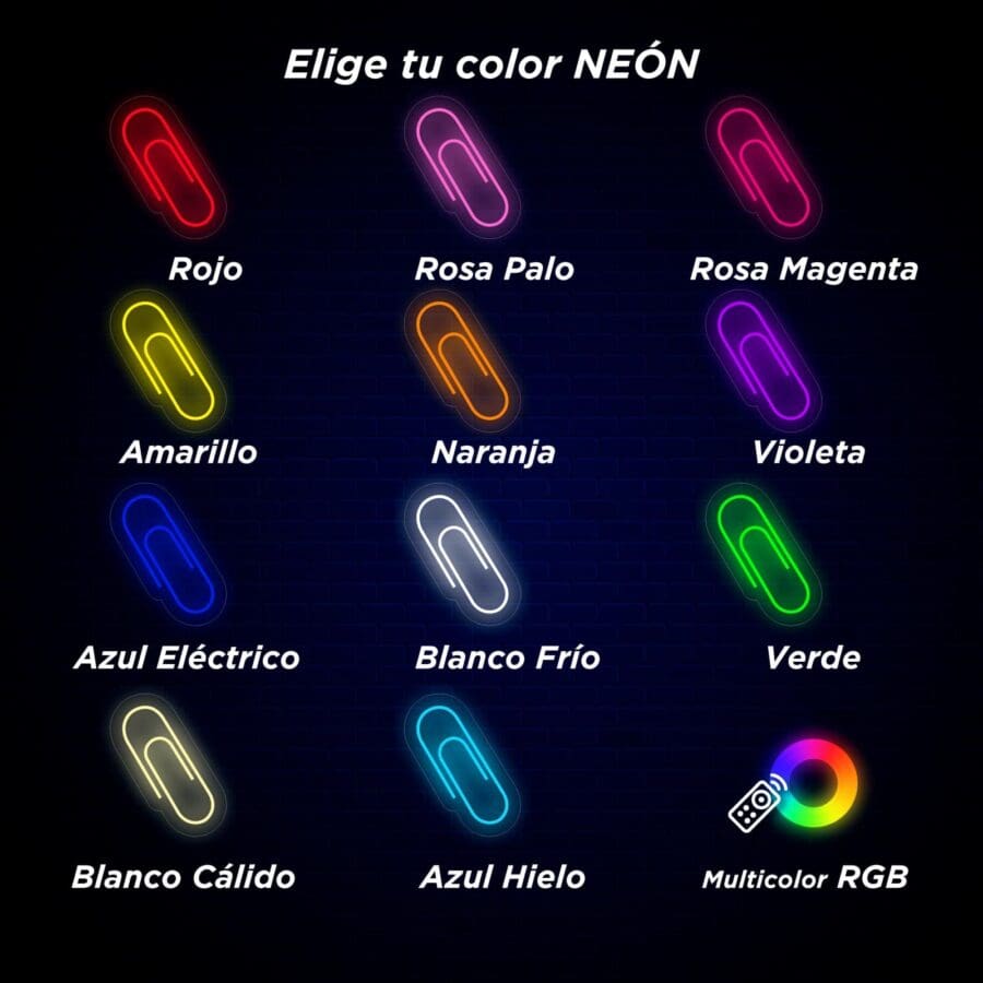 Imagen que muestra 12 clips de colores neón etiquetados en español: Rojo, Rosa Palo, Rosa Magenta, Amarillo, Naranja, Violeta, Azul Eléctrico, Blanco Frío, Verde, Blanco Cálido, Azul Hielo. Opción RGB multicolor.