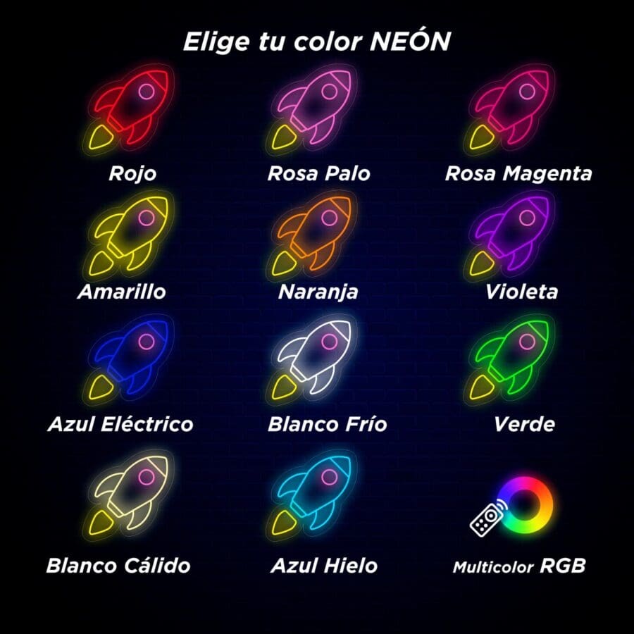 Imagen que muestra 12 íconos de cohetes de neón en varios colores, etiquetados en español: Rojo, Rosa Palo, Rosa Magenta, Amarillo, Naranja, Violeta, Azul Eléctrico, Blanco Frío, Verde, Blanco Cálido, Azul Hielo y Multicolor RGB.