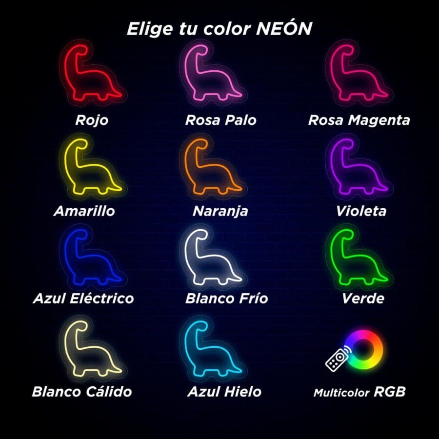 Una cuadrícula de luces de neón con forma de dinosaurio en varios colores, etiquetadas en español: Rojo, Rosa Palo, Rosa Magenta, Amarillo, Naranja, Violeta, Azul Eléctrico, Blanco Frío, Verde, Blanco Cálido, Azul Hielo y Multicolor RGB.