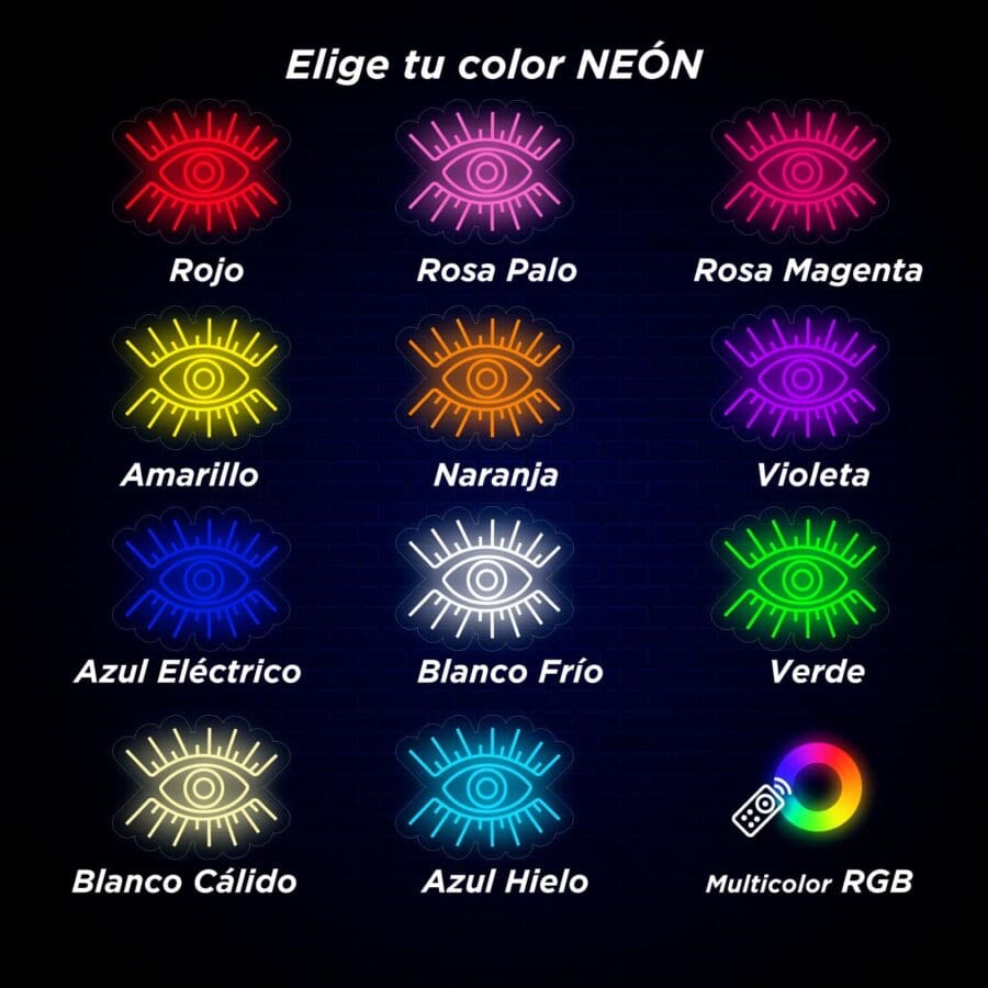 Una cuadrícula de doce diseños de ojos de neón etiquetados con diferentes colores en español, incluidas opciones como Rojo, Amarillo y Azul Hielo. Se muestra una rueda RGB multicolor en la parte inferior derecha.