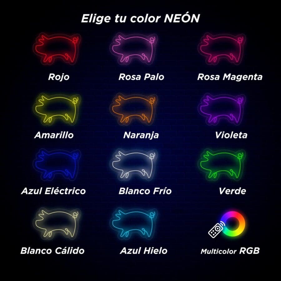 Imagen que muestra 13 llaveros neón con forma de cerdo en diferentes colores, etiquetados: Rojo, Rosa Palo, Rosa Magenta, Amarillo, Naranja, Violeta, Azul Eléctrico, Blanco Frío, Verde, Blanco Cálido, Azul Hielo y RGB Multicolor.