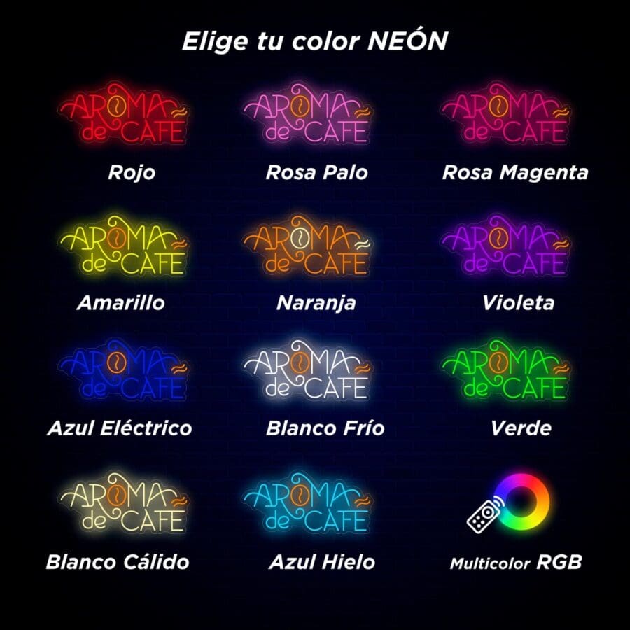 Elige tu color NEÓN: opciones de letrero 'AROMA de CAFE' en colores como rojo, rosa, magenta, amarillo, naranja, violeta, azul, blanco, verde y multicolor RGB.