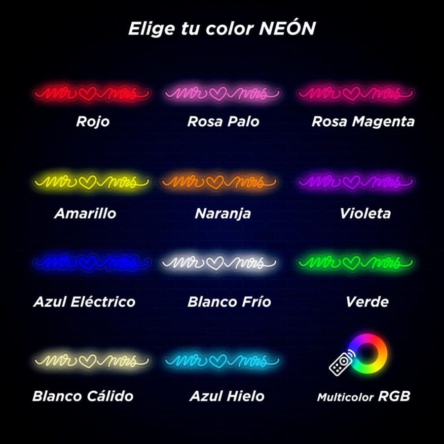 Un gráfico muestra 14 colores neón y una opción RGB multicolor sobre un fondo oscuro. Los colores incluyen Rojo, Rosa Palo, Rosa Magenta, Amarillo, Naranja, Violeta, Azul Eléctrico, Blanco Frío, Verde, Blanco Cálido y Azul Hielo.