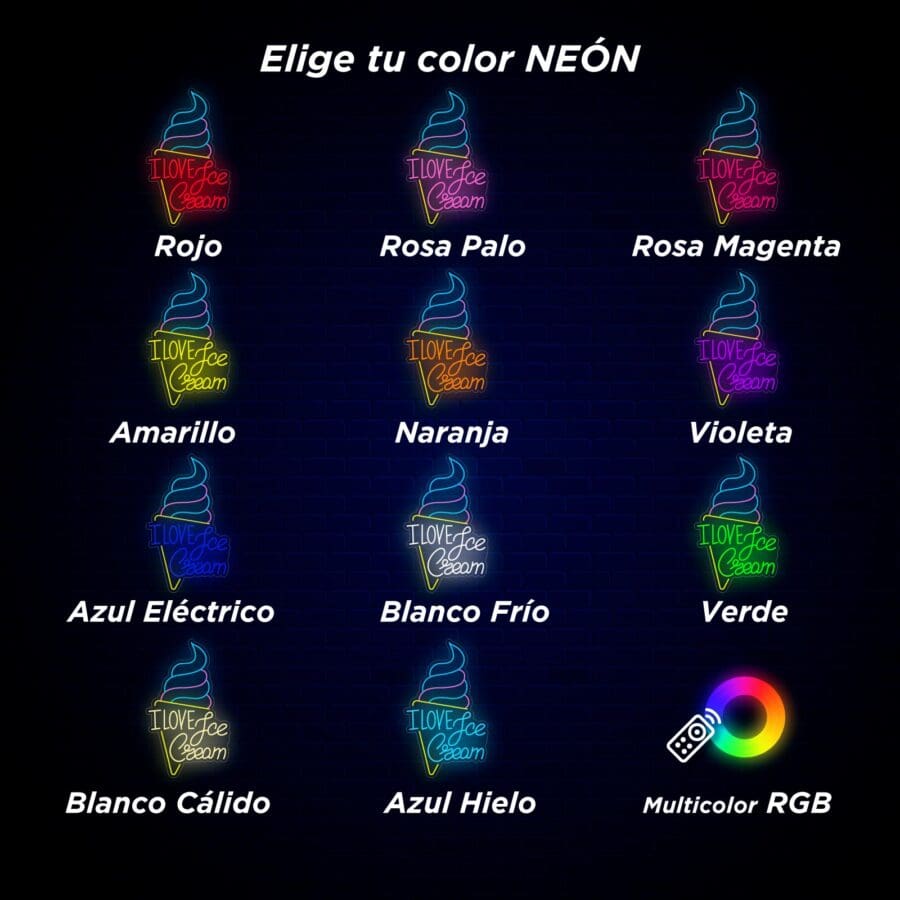 Un letrero de neón que dice "Me encanta el helado" se muestra en 12 colores: rojo, rosa claro, magenta, amarillo, naranja, violeta, azul eléctrico, blanco frío, verde, blanco cálido, azul hielo y RGB multicolor.