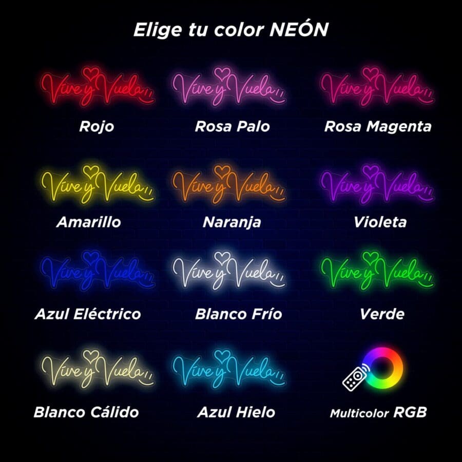 Tabla de opciones de colores neón que incluye 13 colores diferentes para los carteles de "Vive y Vuela", incluidos rojo, rosa, amarillo, naranja, violeta, azul, blanco, verde, blanco cálido y RGB multicolor. Texto en español.