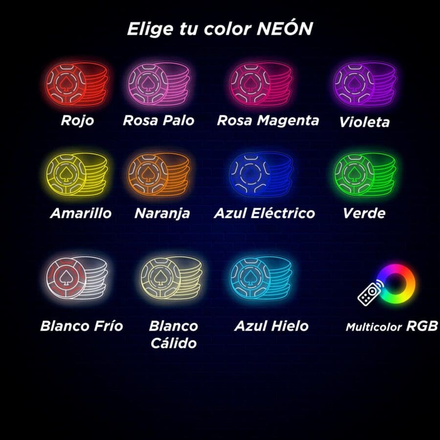 Imagen que muestra diferentes colores de tiras de luces de neón con nombres en español: Rojo, Rosa Palo, Rosa Magenta, Violeta, Amarillo, Naranja, Azul Eléctrico, Verde, Blanco Frío, Blanco Cálido, Azul Hielo, Multicolor RGB.